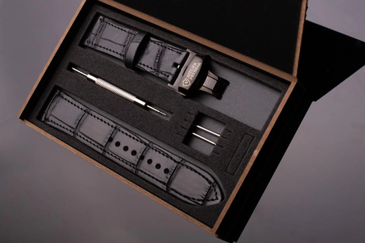 Kožený řemínek AP Croco Heritage z krokodýlí kůže - černý - Ručně šitý