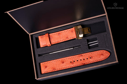 Kožený Řemínek AP Prestige z Pštrosí Kůže – Oranžový, Ručně Šitý